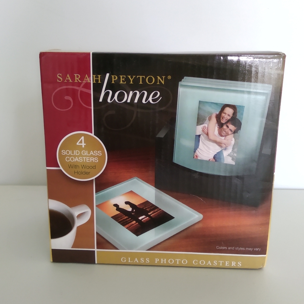 Glass photo coasters with wooden holder
